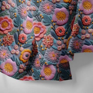 Pode incluir: Um close-up de um tecido com um padrão floral. O tecido é de cor azul claro com flores rosa, amarelas e laranja. As flores são bordadas e têm um efeito 3D.