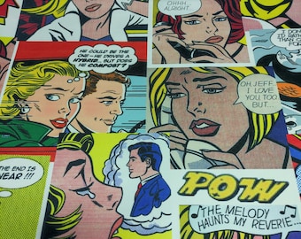 May include: A colorful comic book style fabric with a variety of panels featuring different characters and dialogue. The panels are filled with bright colors, including yellow, red, blue, and green. The characters are drawn in a stylized, exaggerated way, with large eyes and expressive features. The dialogue is written in a bold, comic book font. The fabric is perfect for creating unique and eye-catching projects.