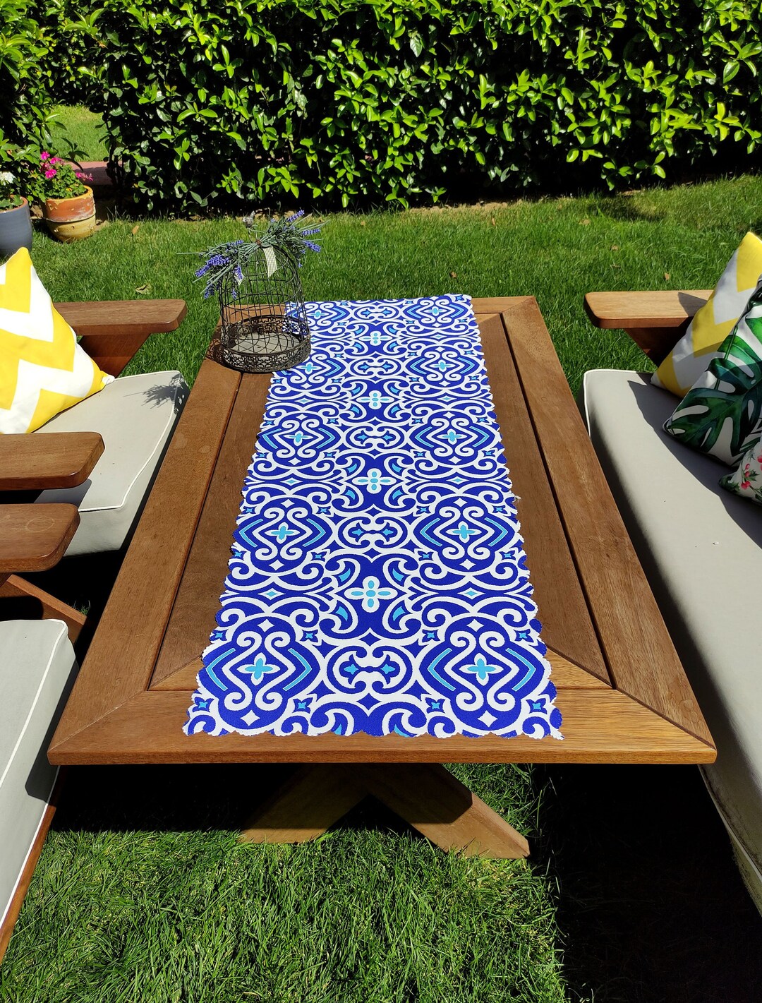 Navy Blue Floral Table Runner Blue Tile Mexican Style Pastel Botanical