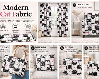 Tela moderna con estampado de gatos, tela en blanco, negro y rosa, tela escandinava para habitación infantil, tela con estampado de gatos adorables, tela para tapicería, cortinas y cojines infantiles.