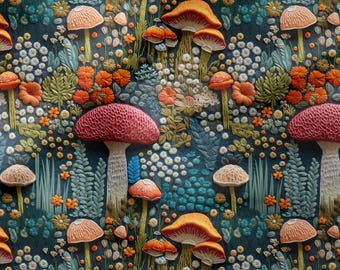 Tejido de microfibra de poliéster con estampado de setas y flores del bosque (143 cm de ancho) para tapicería, muebles, cortinas y más.