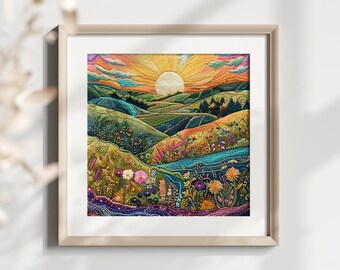 Panel de tela con textura bordada y paisaje de atardecer: diseño floral veraniego colorido