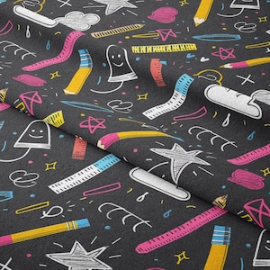 Alize Fabrics-Upholstery-Furniture-Drapery-PES-Back to School, Digital Printed Fabric with Cloud, Star, Ruler, Pencil Pattern