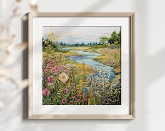 Panel de tela con bordado de flores silvestres y paisaje: impresión digital con textura de panal para decoración cottagecore