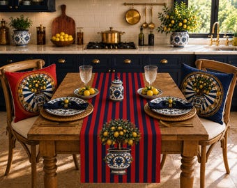 Camino de mesa rojo y azul marino, camino de mesa con estampado de cítricos a rayas, decoración de comedor de mayólica siciliana, longitud personalizada.