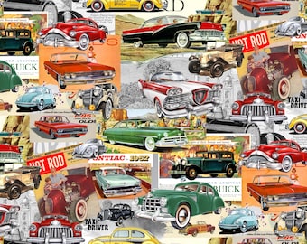 Tela para autos vintage, tela para autos retro cortada a medida, tela con estampado de autos clásicos, tela para hot rods, tela para tapicería, cortinas y cojines.