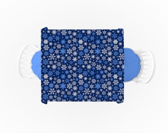 Christmas snowflakes on a dark blue background, blue and white snowflakes,patterned tablecloth, elegant home gift, holiday gift, 3 different