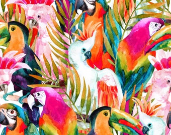 Alize Fabrics-Upholstery-Furniture-Sofa-Drapery-Home Decor-Summer Fabric,Tropical Animal,Watercolor effect rainbow parrot and toucan fabric