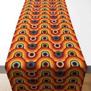 Retro Table Runner,Colorful Wavy Round Geometric Fabric,Mid-Century Kitchen Decor, Retro Decor,Vintage Table Runner,40s 50s 60s retro floral