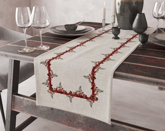 Kersttafelloper, kerstcocina-wijnstokken crèmekleurige tafelloper met linneneffect, kerstcadeau Kerstdecoratie bestseller