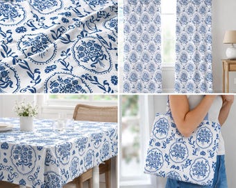Tela floral azul, tela con estampado de azulejos mediterráneos, tela de poliéster con estampado digital de 143 cm de ancho, tela para tapicería, cortinas y caminos de mesa.