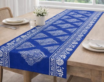 Tela para camino de mesa azul, camino de mesa floral mediterráneo, decoración de mesa con estampado de azulejos otomanos, camino de mesa de comedor, tela para decoración del hogar