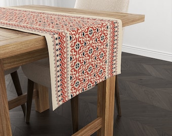Corredor de mesa de diseño étnico, decoración boho, diseño floral Ikat, estilo granja, mantel geométrico, tablerunner auténtico, rojo, corredor crema