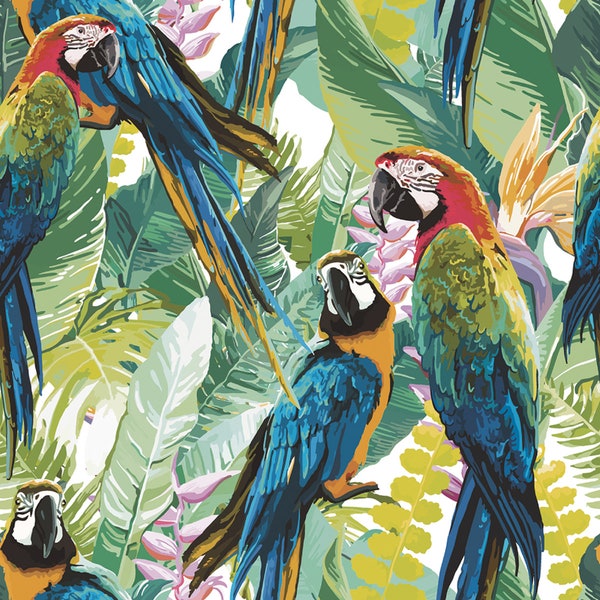 Alize Fabrics-Polster-Möbel-Vorhänge-PES-Sommerstoff,Tropische Tiere,Tropische Pflanzen,Regenbogen Papagei und Tukan