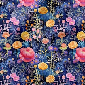 Alize Fabrics - Hemtextilprojekt - Digitaltryckt tygklädsel med krispigt blommönster med akvarell marinblått golv, metervis