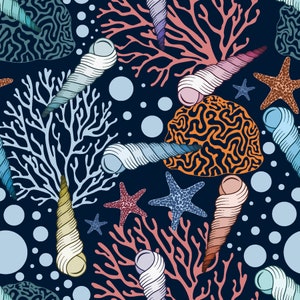 May include: A seamless pattern featuring a variety of sea life, including coral, seashells, and starfish. The design is set against a dark blue background and features a variety of colours, including pink, blue, orange, and yellow.