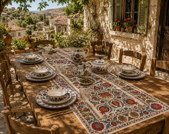 Camino de mesa turco ancho, camino de mesa floral Iznik de 45 cm, decoración de mesa mediterránea con granadas de longitud personalizada