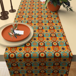 15 Retro Geometric Table Runner, Brown Orange Fabric, Mid Century Kitchen Decor, Retro Decor, Vintage Table Runner , 40s 50s 60s retro mod