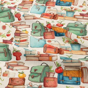 Tissu imprimé numérique à motifs Alize - Tissus d'ameublement-ameublement-draperie-PES-Rentrée scolaire, livres, cartable et fruits