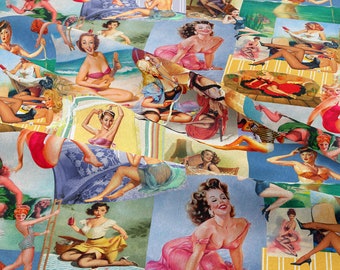 May include: A fabric print featuring a collage of vintage-style pin-up illustrations. The pattern displays various figures in swimsuits and casual clothing, posed in beach and indoor settings with a vibrant color palette of reds, blues, and yellows.