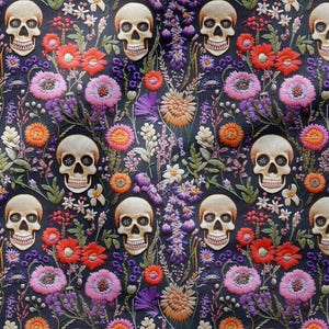 May include: A seamless pattern featuring white skulls with black eye sockets and floral embroidery in shades of pink, purple, orange, and red on a dark blue background.