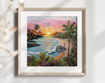 Panel de tela con bordado de playa en tonos pastel - Textura de panal - Impresión digital - Decoración Cottagecare
