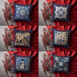 Puede incluir: Seis cojines cuadrados decorativos con bordados de temática invernal. Los cojines presentan diseños en azul, blanco y rojo, incluyendo copos de nieve, escenas invernales y un muñeco de nieve. Se muestran sobre una tela roja, con ramitas de bayas rojas.