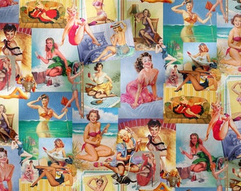 Pin up Girls Fabric, Vintage Girls,Summer Fabric, Old Retro Print Fabric, Swimwear Retro Mod , Upholstery-Furniture-Home Textile Project-PES