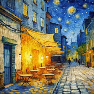 Peut inclure: Peinture impressionniste d'une scène de rue européenne la nuit. Les bâtiments sont peints dans des tons de bleu et de jaune, avec un ciel étoilé au-dessus. Des tables et des chaises sont installées devant un café, et des personnages se promènent dans la rue pavée.