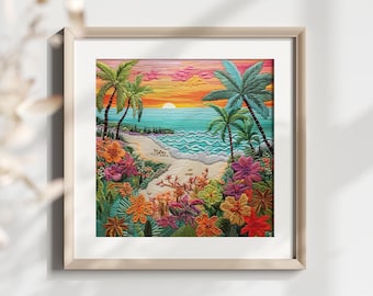 Panel de tela con bordado de playa en tonos pastel - Textura de panal - Impresión digital - Decoración Cottagecare