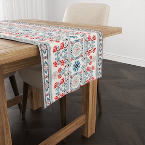 Ethnic Design Table Runner,Boho Decor, Ikat floral design,Authentic Tablerunner, Farmhouse Style Geometric Tablecloth,red,cream,blue runner