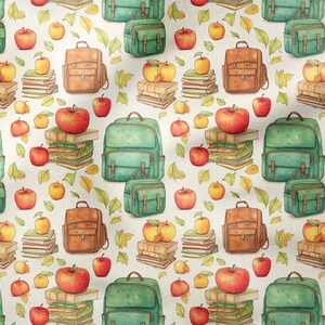 Alize Fabrics-Upholstery-Furniture-Drapery-PES-Back to School, Green Backpack, Books, Apple, Digital Printed Fabric with Leaf Pattern