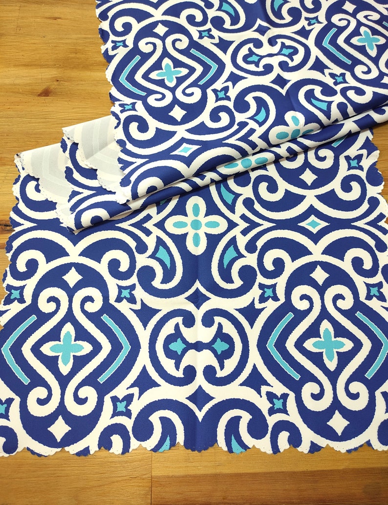 Navy Blue Floral Table Runner Blue Tile Mexican Style Pastel Botanical