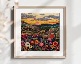 Panel de tela con textura bordada y paisaje de atardecer: diseño floral veraniego colorido