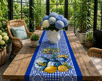 Camino de mesa Blue Lemon, camino de mesa mediterráneo de 45 cm de ancho, decoración de mesa de comedor con azulejos italianos de longitud personalizada
