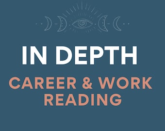 May include: A teal blue background with a white stylized eye and crescent moons. The text "IN DEPTH CAREER & WORK READING" is in white and coral.
