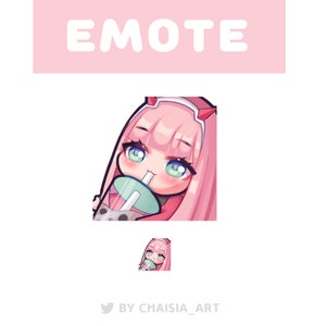 May include: A pink-haired anime character with green eyes and red horns is drinking from a green and white boba tea cup. The character is wearing a red and white outfit. The image is labeled "EMOTE" at the top.