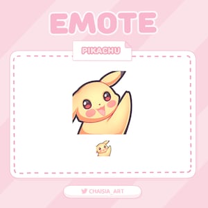 Puede incluir: Un personaje de dibujos animados Pikachu amarillo con una gran sonrisa y una pata levantada, saludando. El personaje está en un marco cuadrado blanco con un borde rosa y la palabra "PIKACHU" en una pancarta blanca sobre el marco. El fondo es rosa.