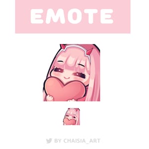 May include: A pink-haired anime character with red horns holds a large pink heart in front of her. The character has large eyes and a small mouth. The background is white.