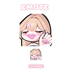 Può includere: Un'emoticon di cartone animato con uno sfondo rosa. L'emoticon è una donna con i capelli biondi, labbra rosa e unghie lunghe rosa. Il testo "EMOTE" è sopra l'emoticon in lettere rosa. Il testo "BY CHAISIA" è sotto l'emoticon in lettere rosa.