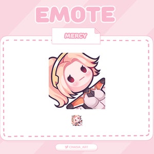May include: A digital illustration of a cartoon character with blonde hair and a white and orange outfit. The character is looking to the side with a slightly annoyed expression. The text "EMOTE" is at the top of the image and "MERCY" is in a white box below the character. The text "CHAISIA_ART" is at the bottom of the image.