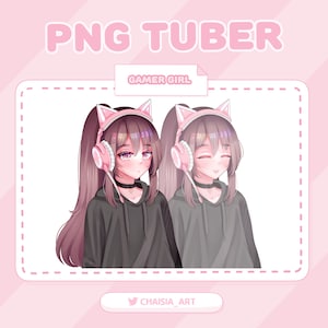 May include: Illustration of a cartoon gamer girl with pink cat ears and headphones. The girl is wearing a black hoodie and has long brown hair. The text "GAMER GIRL" is written in a pink box above the image.