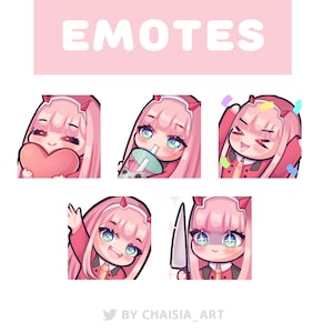 May include: A collection of five digital emotes featuring a pink-haired anime character with various expressions. The emotes include the character holding a heart, drinking from a cup, celebrating, waving, and holding a knife. The word "EMOTES" is at the top.
