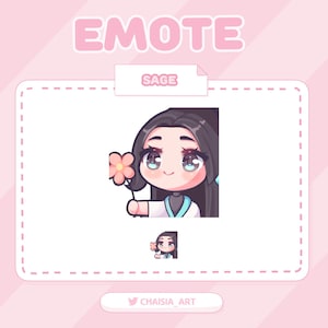 Peut inclure: Illustration numérique d'un personnage de dessin animé aux longs cheveux noirs, tenant une fleur rose. Le personnage porte une chemise blanche avec un col bleu et un nœud papillon bleu. L'image est intitulée "EMOTE SAGE" et "CHAISIA_ART".