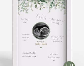 Personalised Baby Shower Scan Photo Guestbook Print Sage Green Eucalyptus Greenery