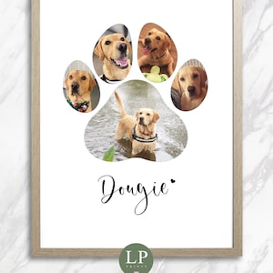 May include: A framed print of a paw print made up of five photos of a golden retriever dog. The dog's name, "Dougie", is written in cursive below the paw print.