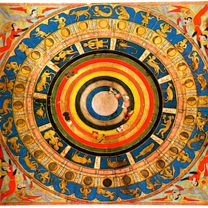 Puede incluir: Una ilustración circular que representa el cosmos con anillos concéntricos de varios colores, incluyendo azul, rojo, amarillo y verde. El anillo exterior presenta doce signos del zodíaco, cada uno con un animal o criatura correspondiente. El centro de la ilustración muestra un círculo blanco que representa la Tierra, rodeado de figuras más pequeñas.