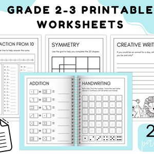 May include: A set of 25 printable worksheets for grades 2-3. The worksheets include activities such as subtraction from 10, symmetry, addition, handwriting, and creative writing.