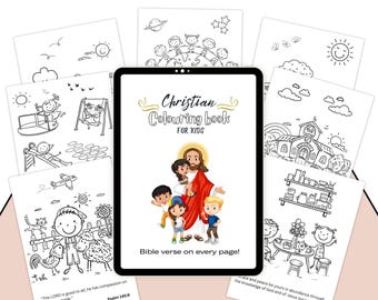 May include: A black and white coloring book for kids with a cover featuring a group of children and Jesus. The book includes a Bible verse on every page. "The LORD is good to all; he has compassion on all he has made." Psalm 145:9