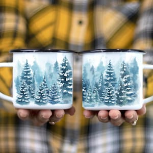 Winter Mug | Pine Campfire Mug | Enamel Metal Camping Mug | Tin Camp Mug with Trees | Watercolor Forest